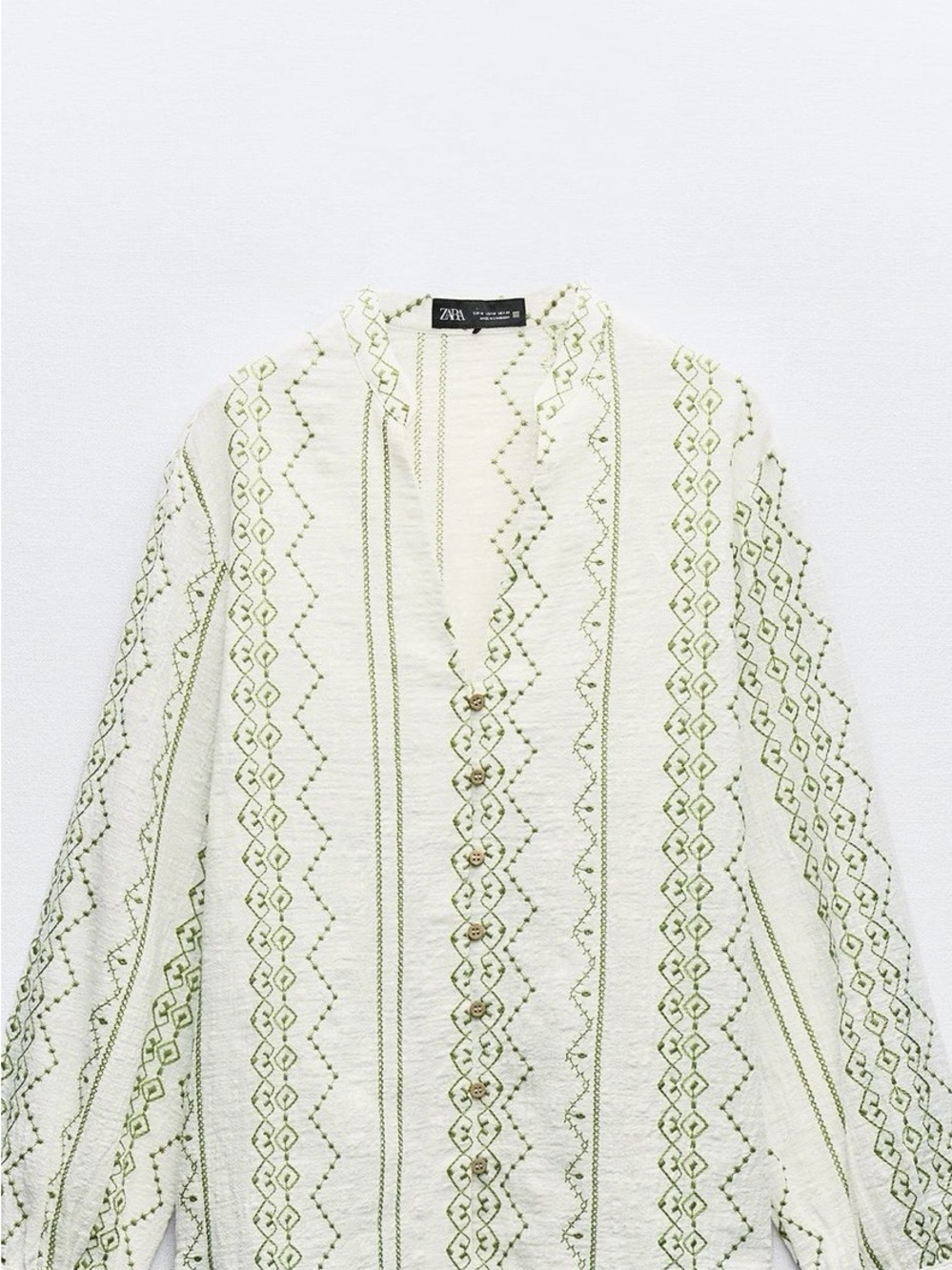 Like New ZARA Cream Shirt with Olive Embroidered Stripes